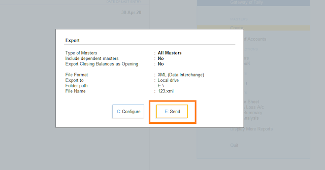send export data in tally prime