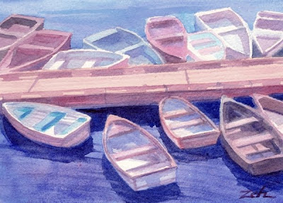 Boats watercolor seascape painting by Janet Zeh