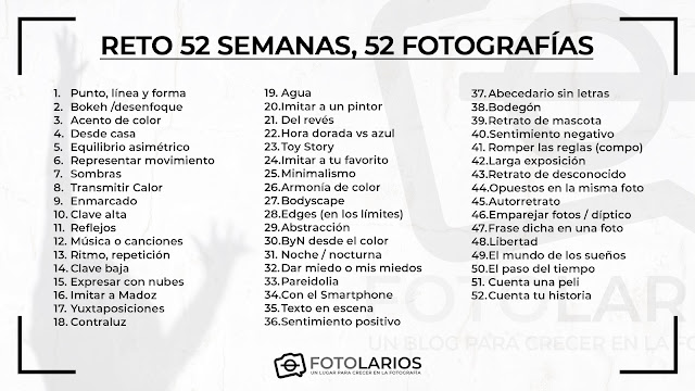 Lista de 52 retos de Fotolarios