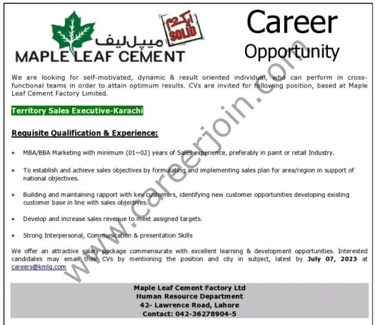 Jobs in Maple Leaf Cement Factory Limited