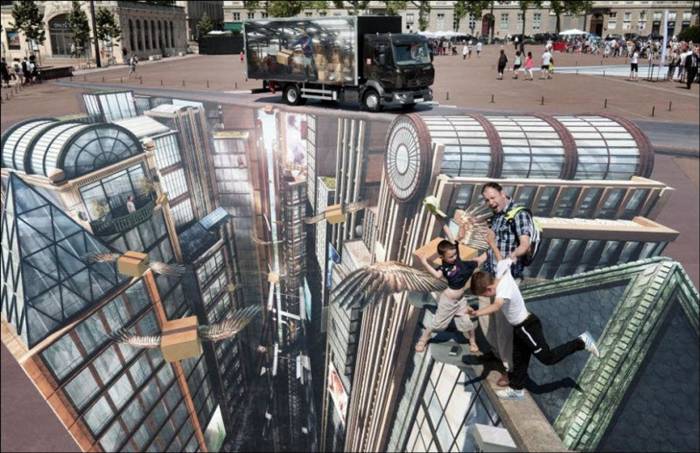 Francois Abelane is not only responsible for this incredible 4000 square meter piece of 3D street art but may also be breaking the record for the largest 3D street art in the world. Francois was commissioned to do this artwork for the launch of a new line of Renault trucks in Lyon.