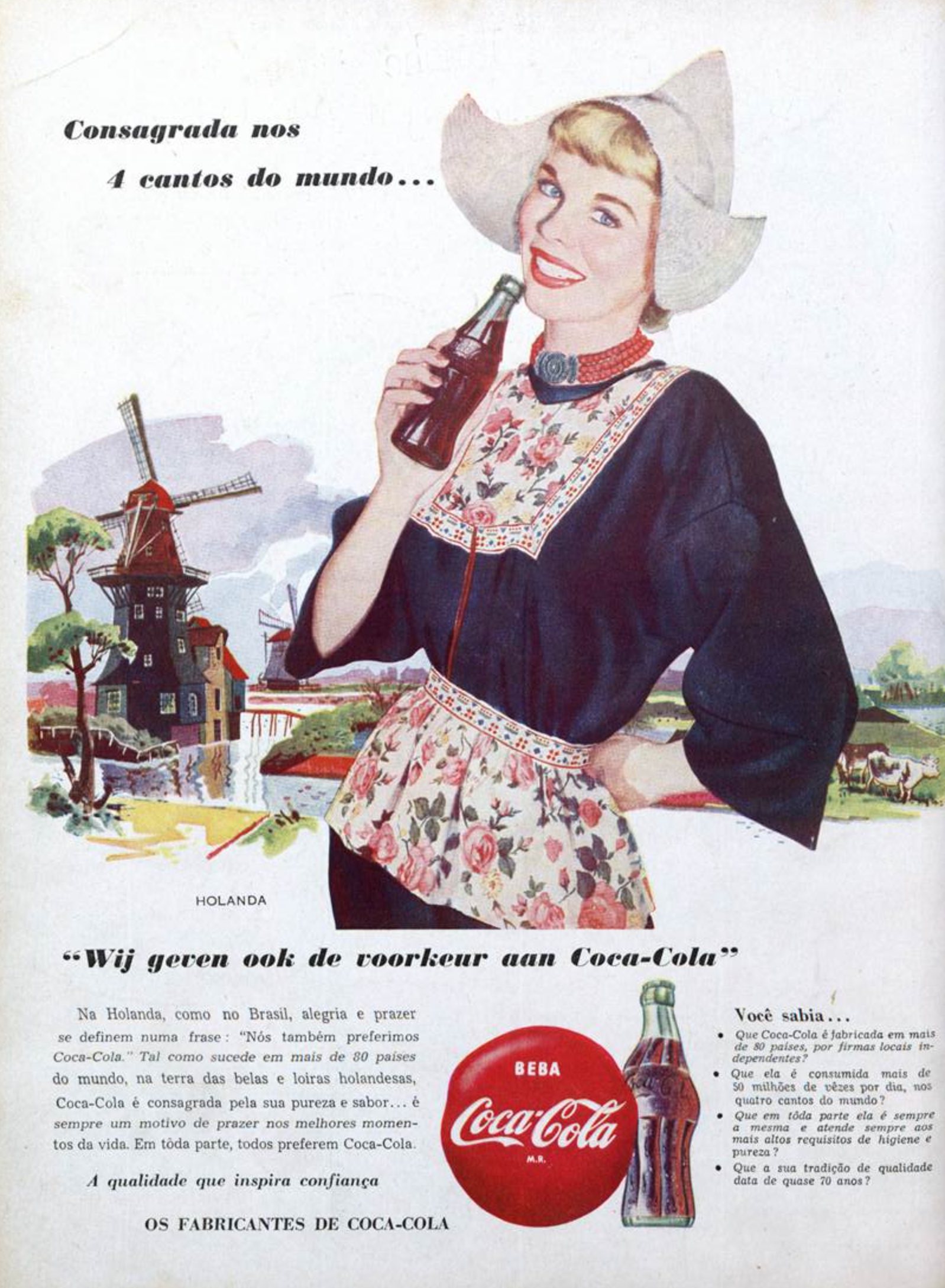 Campanha da Coca-Cola de 1955 apresentando curiosidades sobre sua produção e consumo