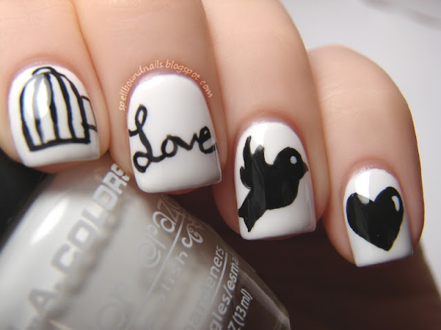 nails nailart nail art polish mani manicure Spellbound Lacquer ABC Challenge letter W is for Wings of Love bird cage birdcage caged bird love cursive flying fly away heart hearts black white LA Colors Energy Source Petites Night elegant sweet holiday Valentine's Day design