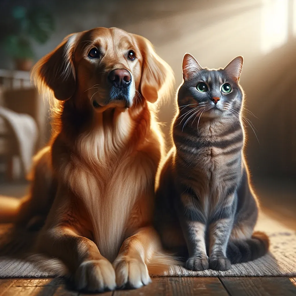 A realistic image of a dog and a cat sitting side by side in a friendly manner, looking forward. The dog is a golden retriever with a shiny coat