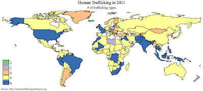 World map of the cumulative number of types of human trafficking in countries during 2011