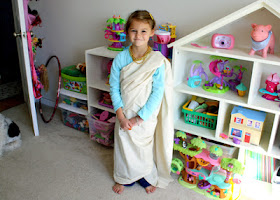 Tessa in our version of a Mesopotamian long robe.