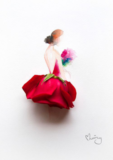 A artista Lim Zhi Wei, conhecida como Limzy, nasceu na Malásia, e se mudou para estudar em Cingapura aos 16 anos. O trabalho dessa artista mostra a delicadeza do seu talento baseado em flores ! A artista mistura aquarela e pétalas de flores naturais para criar desenhos de mulheres e seus vestidos. Suas obras estão atualmente representadas pela Art Xchange Gallery Singapura. Descrição: em fundo branco, uma mulher de perfil em aquarela, cabelos avermelhados presos em coque crespo​ baixo​ em tom mais escuro​, collant vermelho com as costas a mostra em decote V profundo, segura um buquê de flores nas cores: verde, vermelho, rosa​ e azul​; a saia é composta por uma rosa vermelha de ponta cabeça com as sépalas verdes dando um toque de contraste e acabamento​ na linha da cintura​. Abaixo, à direita, a assinatura da artista: Limzy.​ Detalhe da assinatura: um coraçãozinho estilizado forma-se à esquerda a partir do alto da letra L​.