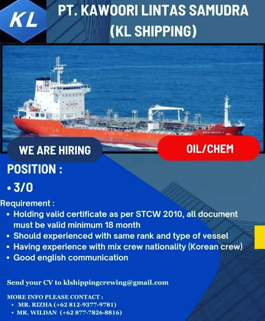 Loker Indonesian Seafarer 3rd Officer Oil Chemical Tanker 2023