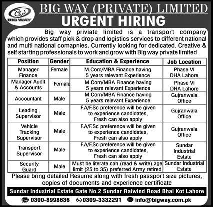 Big Way Private Limited Jobs 2021 - Jobs in Lahore 2021 - Jobs in Gujranwala 2021 - Jobs in Punjab 2021