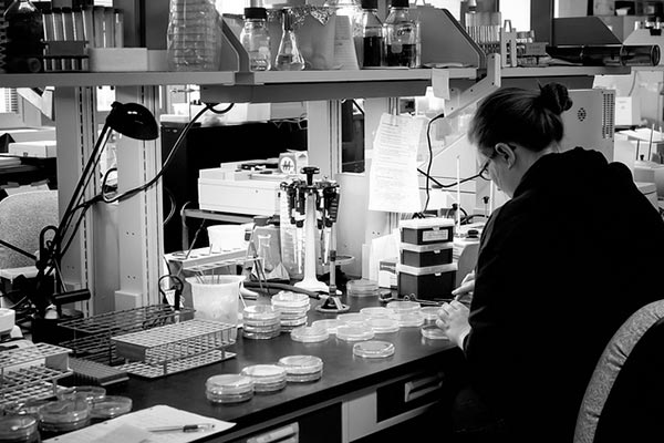 Una mujer trabajando en un laboratorio de biomedicina.
