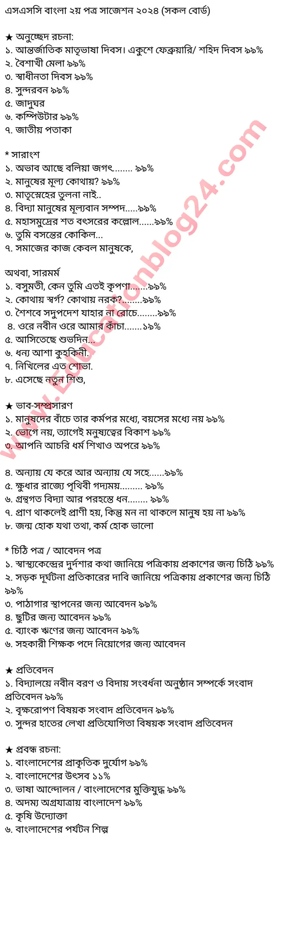 SSC Bangla 2nd Paper Suggestion 2024 💯 Common ~বাংলা ২য় পত্র সাজেশন ssc 2024