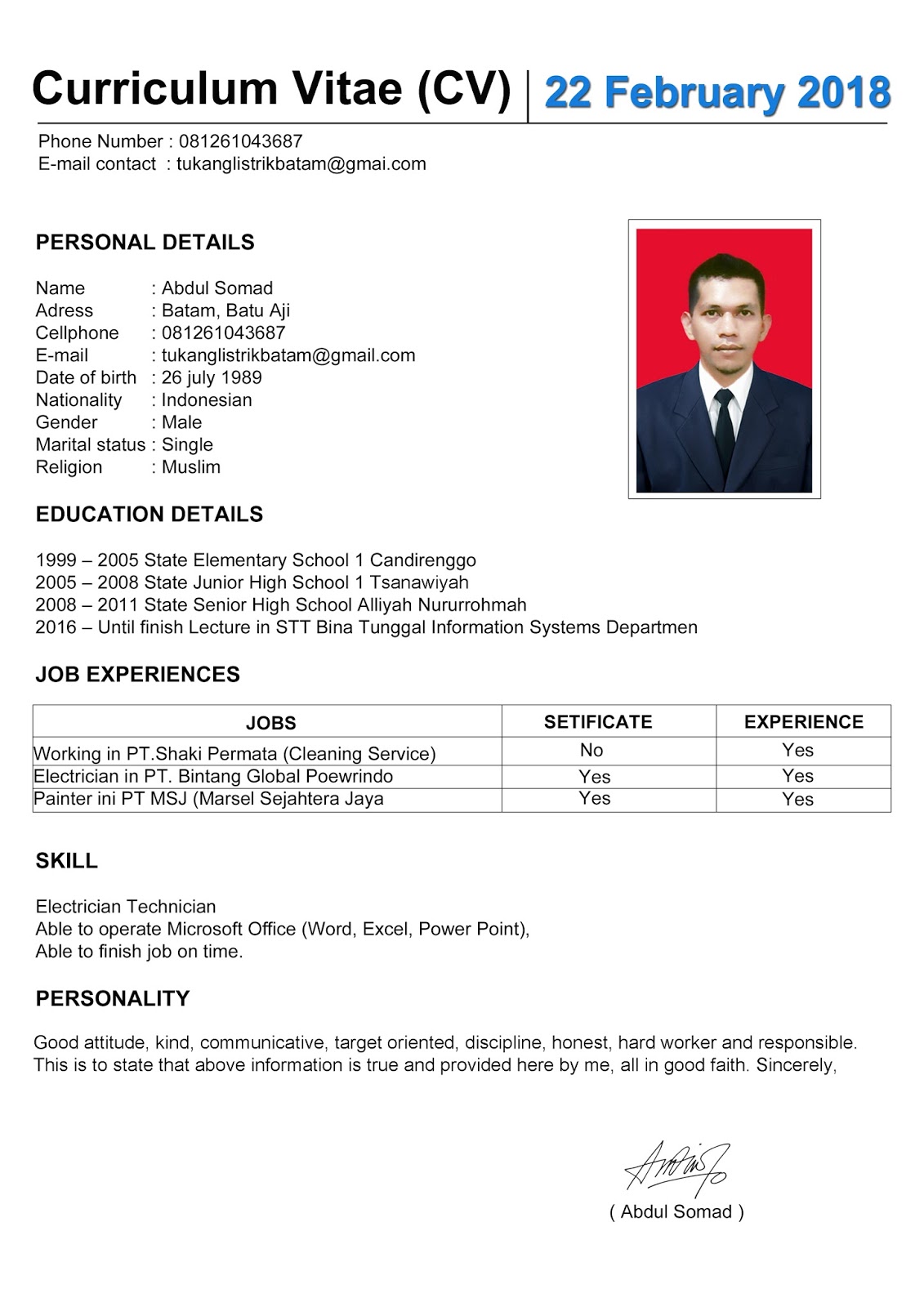 Contoh CV Lamaran Kerja Curriculum Vitae