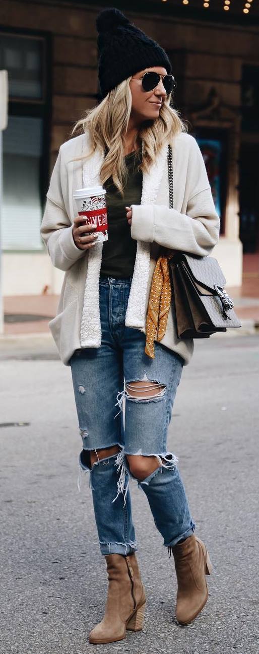 winter street style addiction / knit hat + bag + top + nude jacket + ripped jeans + boots