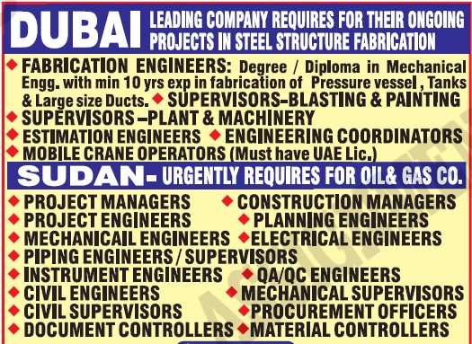 Recruitment to Dubai & Sudan - Steel Structure fabrication & Oil company