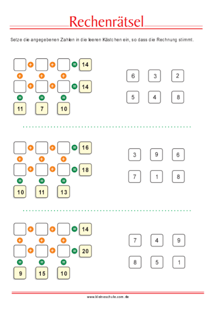 Matheaufgaben für 1. Klasse Grundschule Gemischte Aufgaben