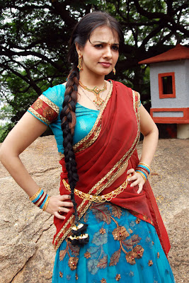 Saloni Hot Navel Show in Red Half Saree Photos