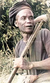 pria dewasa suku batak toba menggendong cangkul pacul patjol