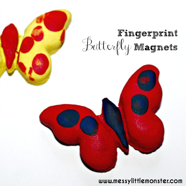 Salt dough fingerprint butterfly magnet.  An easy keepsake craft for kids, toddlers and preschoolers.  A fun gift idea for moms for mothers day. 
