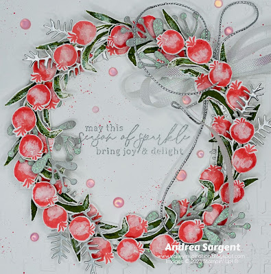 Create a Christmas wreath with non-traditional colours, featuring Flirty Flamingo, Old Olive and Silver and Stampin’ Up!s Magical Meadow’s stamps and dies.