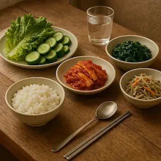 채소 반찬으로 식사를 차린 모습
