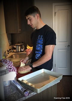 Awake and helping with dinner