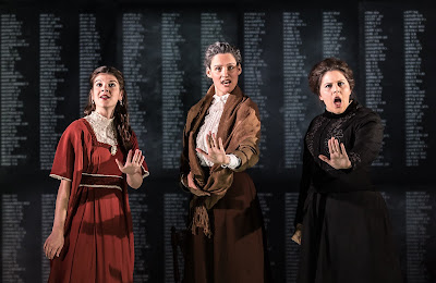 Owen Wingrave -  British Youth Opera at the Peacock Theatre. Katie Coventry (Kate Julian), Charlotte Schoeters (Mrs Julian), Carrie-Ann Williams (Miss Wingrave). Photo: Clive Barda/ArenaPAL