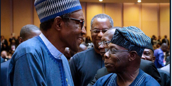  Former President Olusegun Obasanjo greets President Buhari at  #AUSummit2018 in Addis Ababa