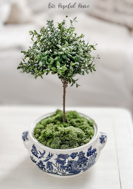 chinoiserie cachepot filled with preserved moss and faux topiary.