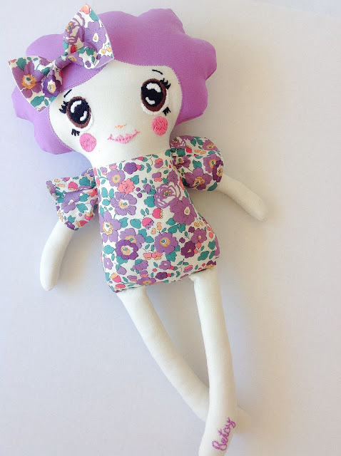 Liberty Keepsake Doll Betsy fabric with hand embroidered face made from dolls and daydreams pattern