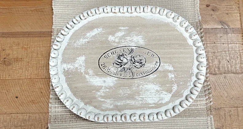 wooden tray with transfer and beaded trim