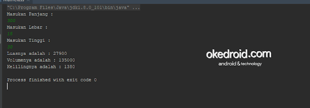 Output Hasil Contoh Code Program Menghitung Luas ,Volume dan Keliling Balok di Java