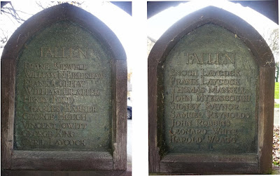 Composite picture of two bronze plaques with wooden borders.  Headed simply Fallen the names are listed in the text below.