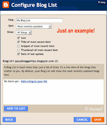 Screen shot of Configure Blog List, a page element (gadget/widget)