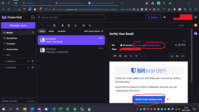 Mensaje recibido de Bitwarden para verificar la dirección de correo-e.