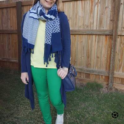 awayfromtheblue Instagram | yellow tee with green skinny jeans navy scarf cardigan and bag winter school run style