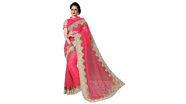 Panash Trends Women's Net Heavy Embroidery Work Saree(K769.Pink.)