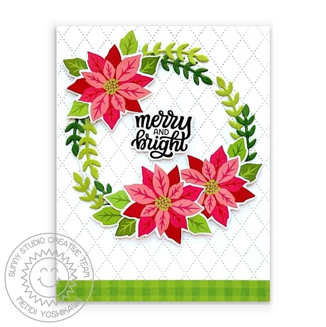 Sunny Studio Stamps Merry & Bright Christmas Wreath Card using Pretty Poinsettia, Dotted Diamond Portrait Die & Joyful Holiday Paper