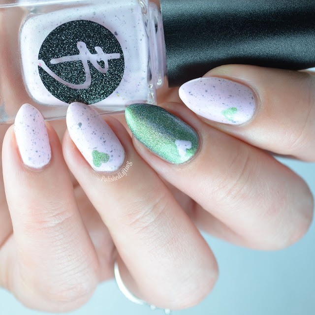 pink and green holographic heart manicure