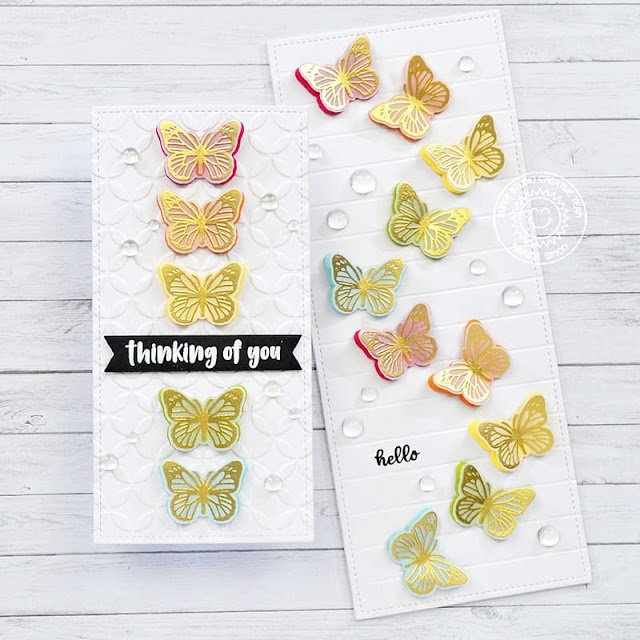 Sunny Studio Stamps: Watering Can Butterfly Cards by Marine Simon (featuring Moroccan Circle Embossing Folder)