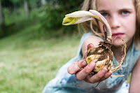 A blond girl holding a lily bulb up close to the camera.