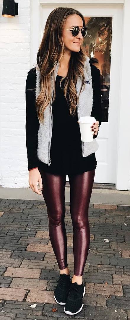 what to wear with leggings : vest + top + sneakers