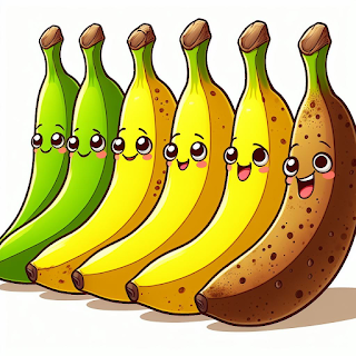 6 Smiling Cartoon Bananas Side by Side in Shades of Ripeness from Bright Green to Brown