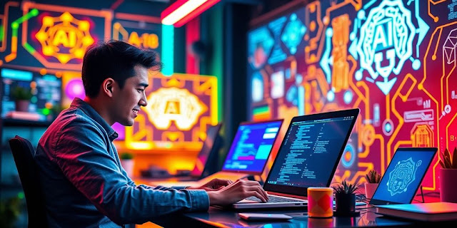 Person coding with AI elements in a vibrant workspace.