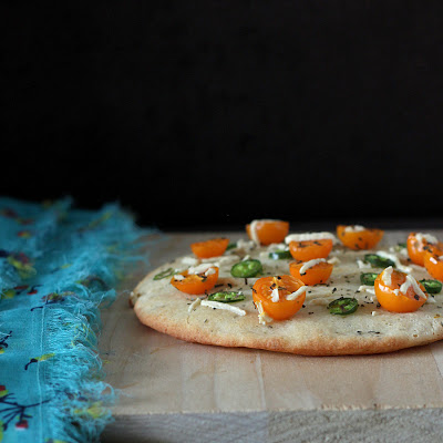 VeganRicha:Crunchy Tomato Rings, Pea Kale pesto on Soft White Gluten-free Pizza Crust