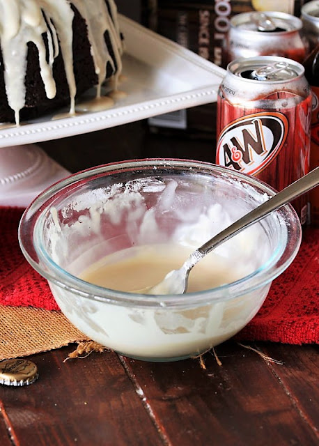 Bowl of Glaze for Chocolate Root Beer Bundt Cake Image