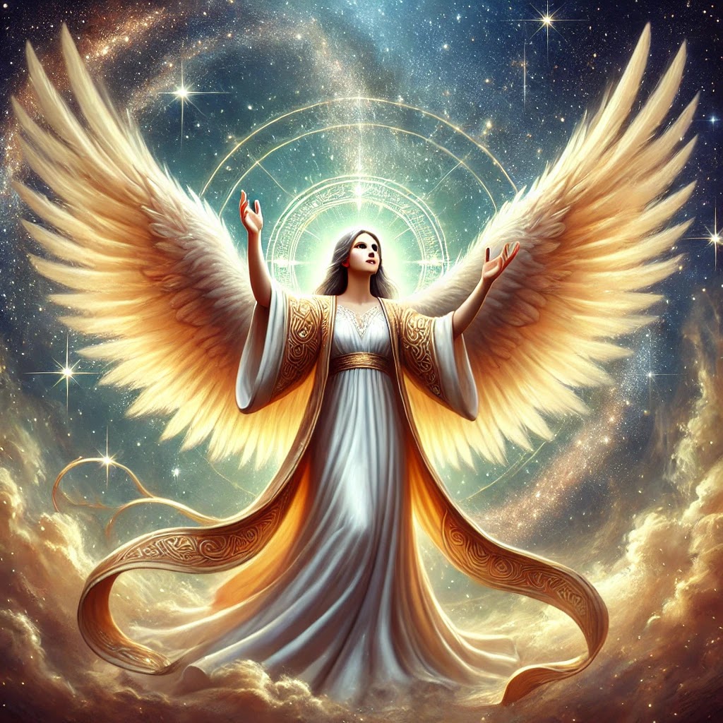 A divine angel lifting their hands to the sky, representing recognition and trust in the universe