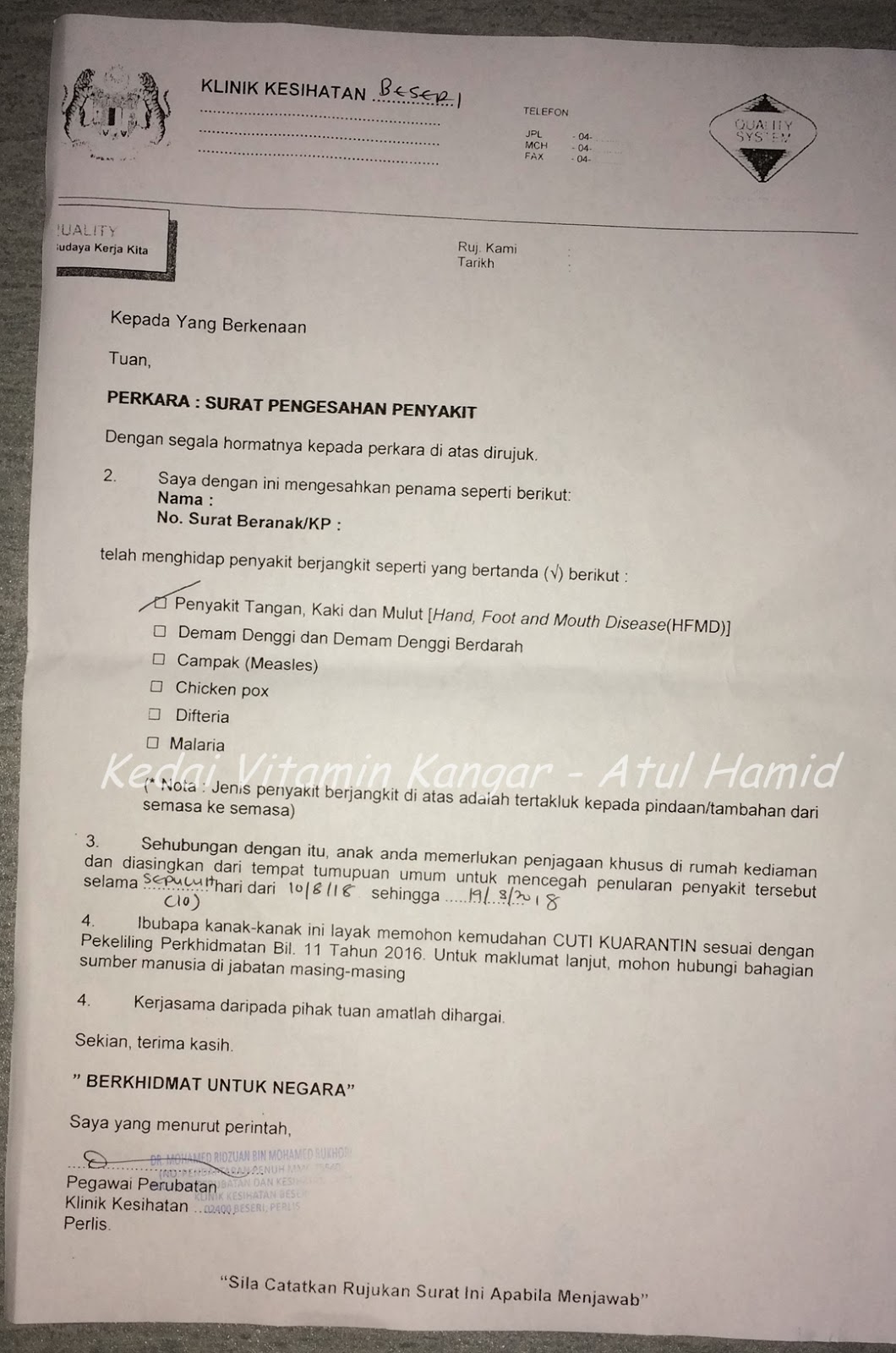 Contoh Surat Doktor Untuk Cuti Kuarantin