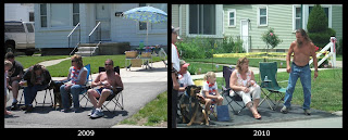 hippie shirtless long hair guy, and dog, parade, tan, memorial day