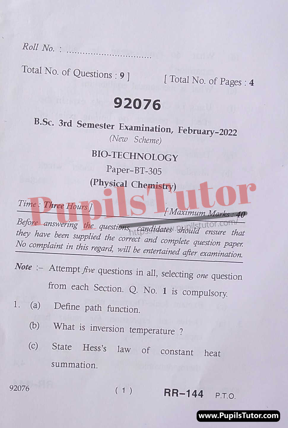 MDU (Maharshi Dayanand University, Rohtak Haryana) BSc Biotechnology Pass Course Third Semester Previous Year Physical Chemistry Question Paper For February, 2022 Exam (Question Paper Page 1) - pupilstutor.com