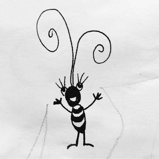 Ink sketch of a cute smiling bug with big antennae. By Boriana Giormova